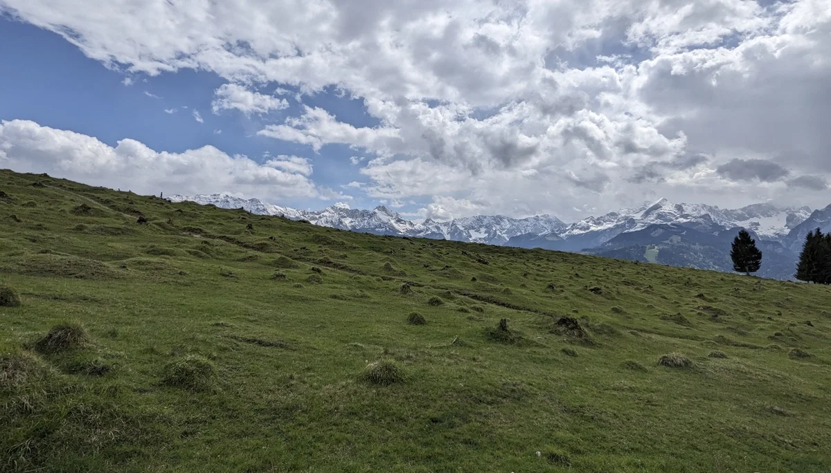 Grüne Wiese mit leichtem Gefälle unter bewölktem Himmel und Bergen im Hintergrund | © Christoph Maier