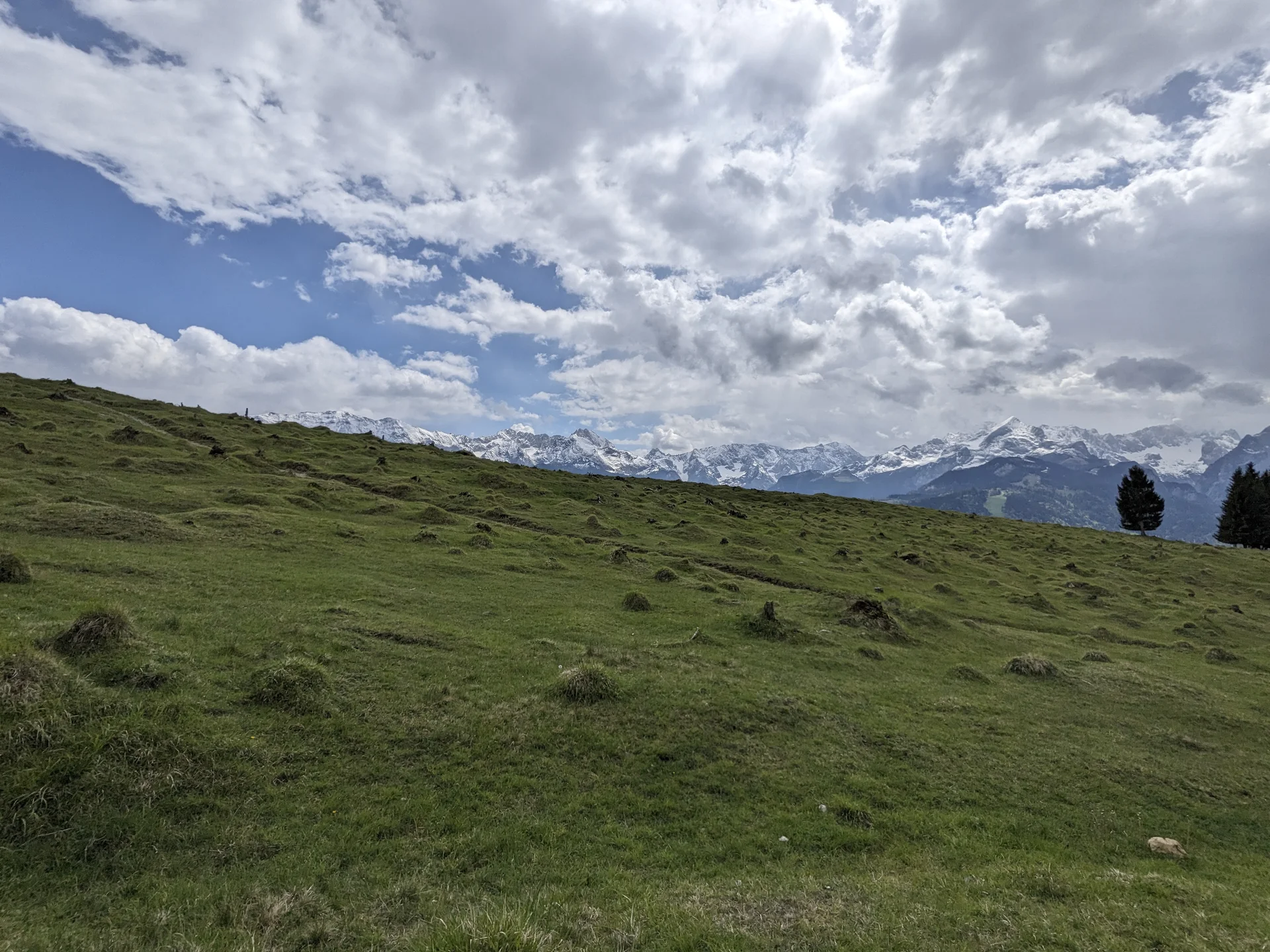 Grüne Wiese mit leichtem Gefälle unter bewölktem Himmel und Bergen im Hintergrund | © Christoph Maier