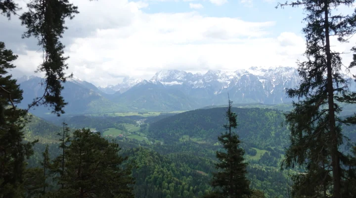 Blick durch Nadelbäume auf bewaldete Hügel und schneebedeckte Berge unter bewölktem Himmel | © Christoph Maier
