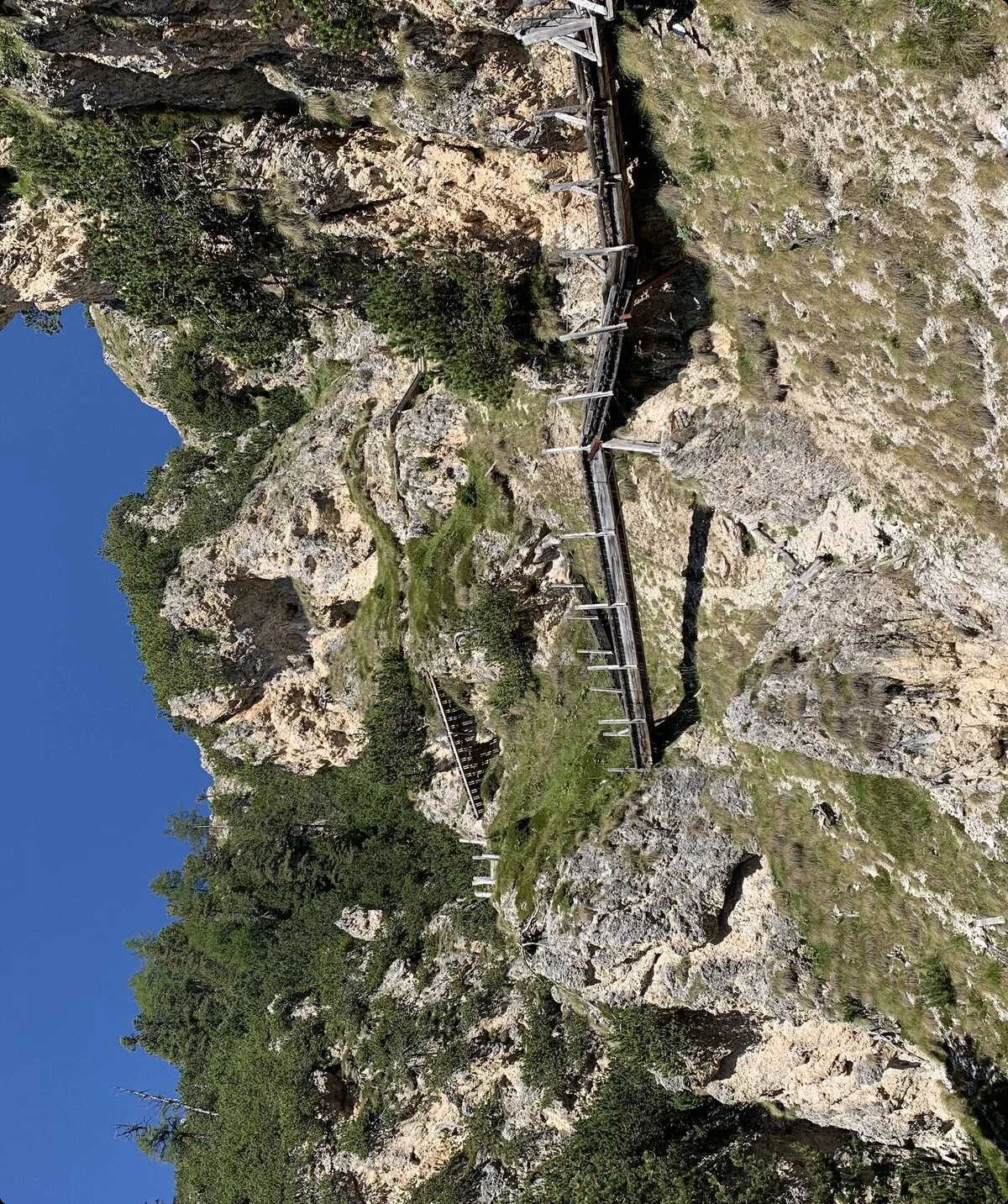 Wanderung Bärenfalle in Südtirol zeigt Holzsteg mit Geländer durch steil felsiges, bewachsenes Berggelände | © DAV Sektion Geltendorf