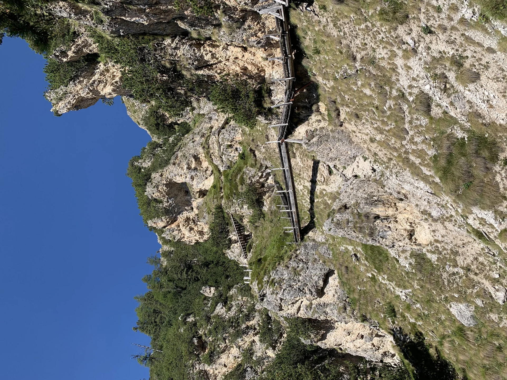 Wanderung Bärenfalle in Südtirol zeigt Holzsteg mit Geländer durch steil felsiges, bewachsenes Berggelände | © DAV Sektion Geltendorf