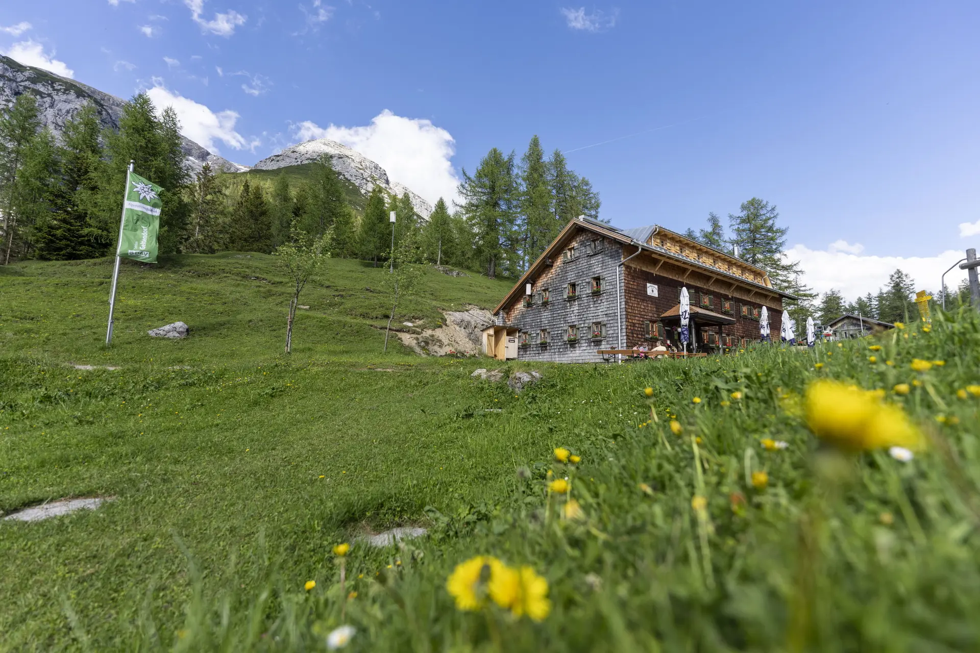 Neue Magdeburger Hütte, eine Berghütte aus Holz und Stein, umgeben von grünen Wiesen und Bergen unter blauem Himmel | © DAV/Wolfgang Ehn